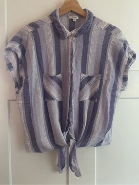 Purple Striped Button-Down Cotton Shirt With Tie Women’s Size XL